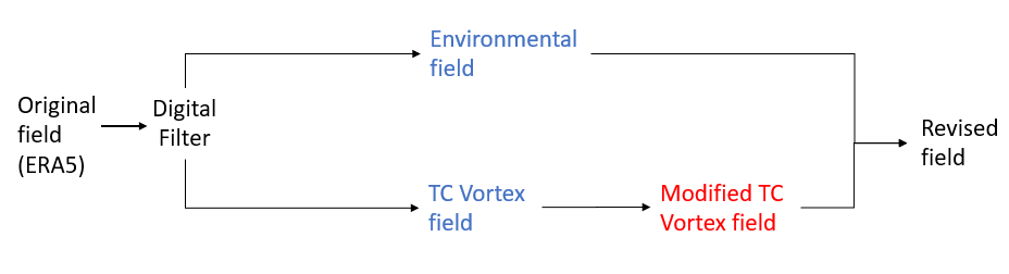Schematic of the blending strategy: total field split into environmental and vortex components, vortex replaced, then recombined
