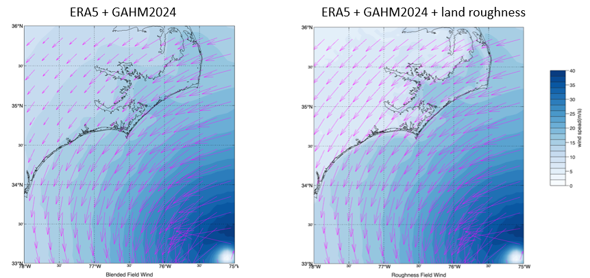 Blended ERA5 plus GAHM2026 wind speed computed with and without the wind adjustment factor