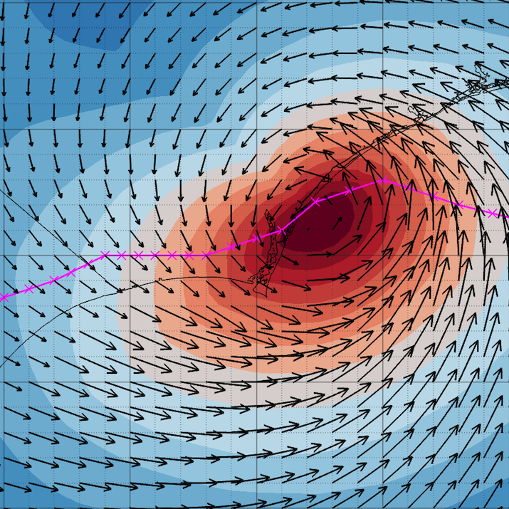 GAHM2026 wind speed field with velocity vectors and storm track